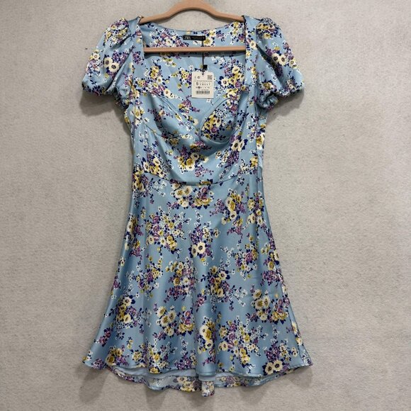 Zara Dresses & Skirts - Zara Dress Womens Small Blue Floral Puff Sleeve Fit & Flare Mini Satin Sundress